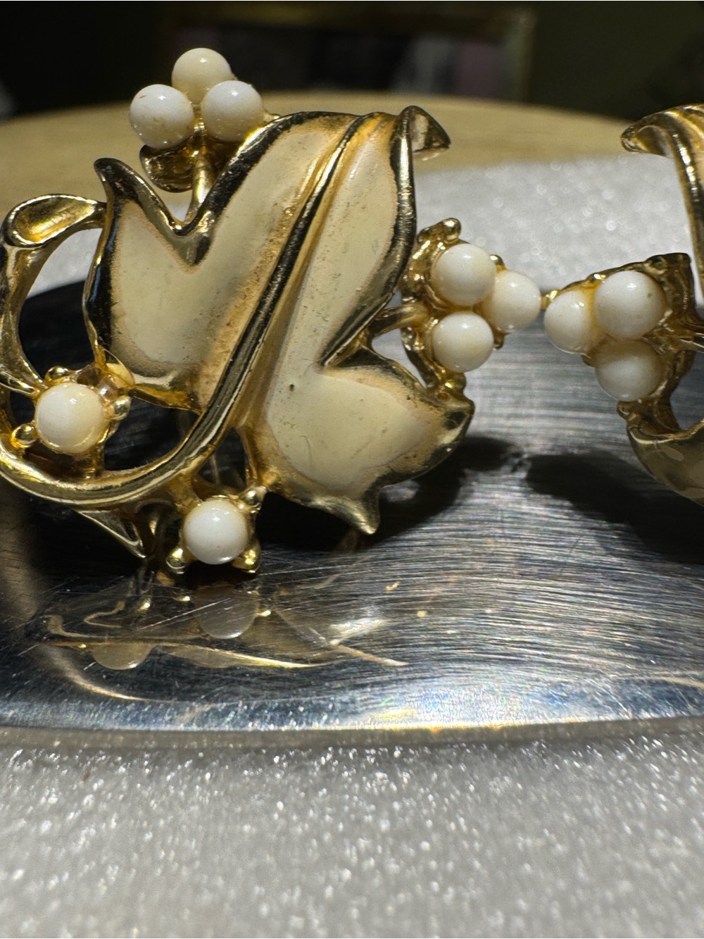 Coro signed clip in Gold Leaf Cluster Earrings with White Beads